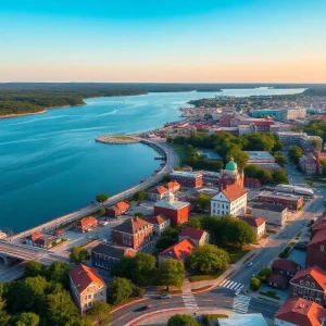 Scenic view of Rhode Island with urban areas and nature.