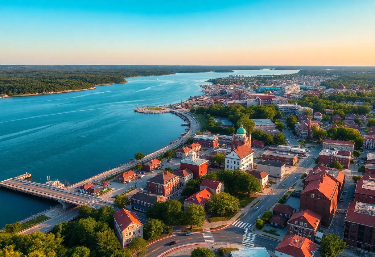 Scenic view of Rhode Island with urban areas and nature.