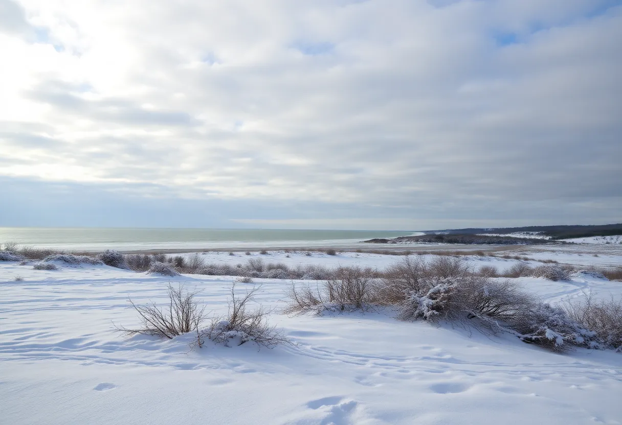 Cold winter landscape in Rhode Island with hints of light snow.
