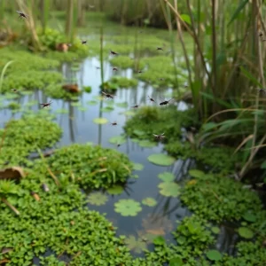 A swampy area in Rhode Island filled with vegetation and potential mosquito breeding sites.