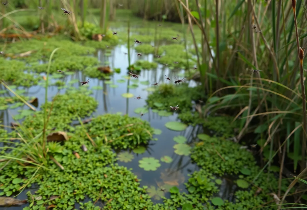 A swampy area in Rhode Island filled with vegetation and potential mosquito breeding sites.