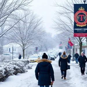 Winter scene in Rhode Island with snow-covered trees and event banners