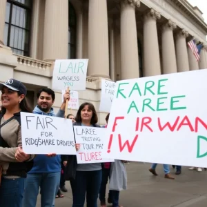 Rideshare drivers rally for fair wages at the State House in Providence.