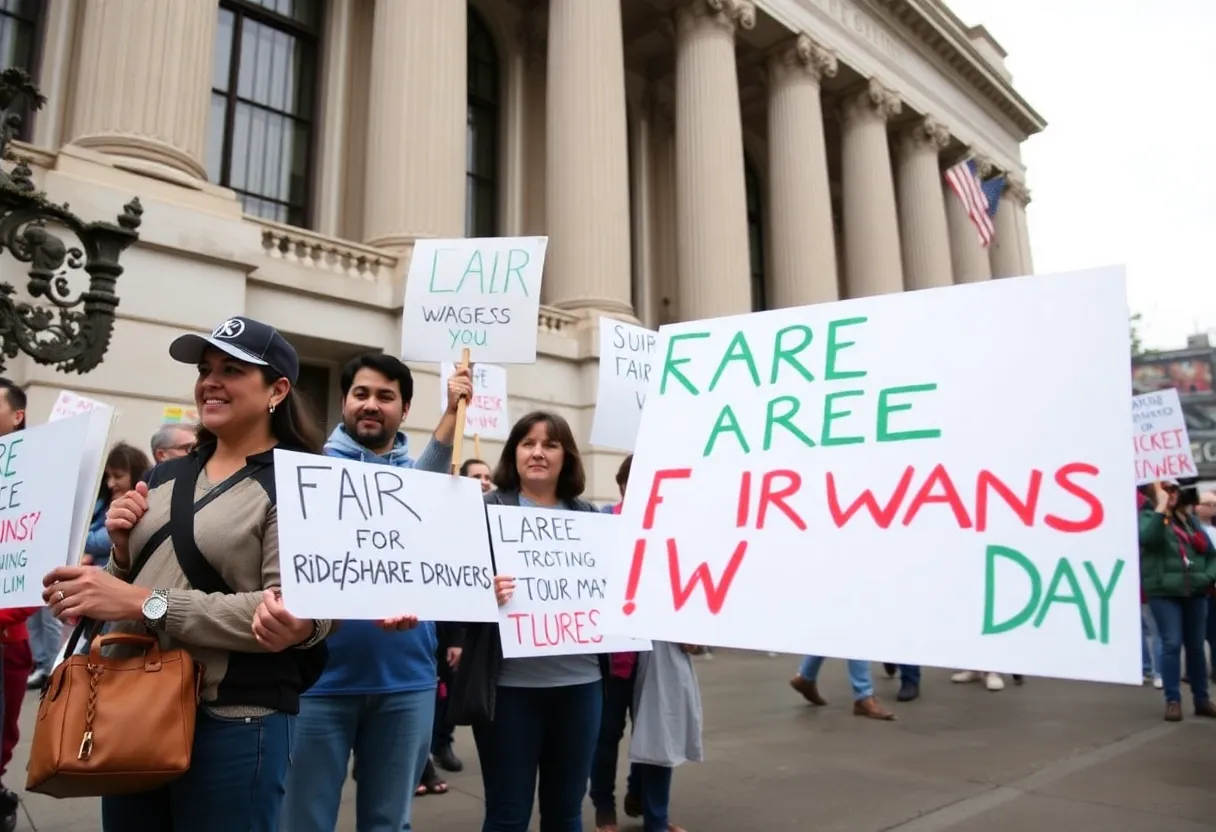 Rideshare drivers rally for fair wages at the State House in Providence.