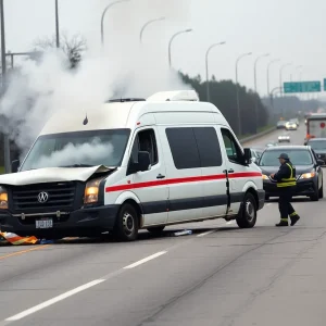 Wrecked community transit van after accident on Route 1 Bypass