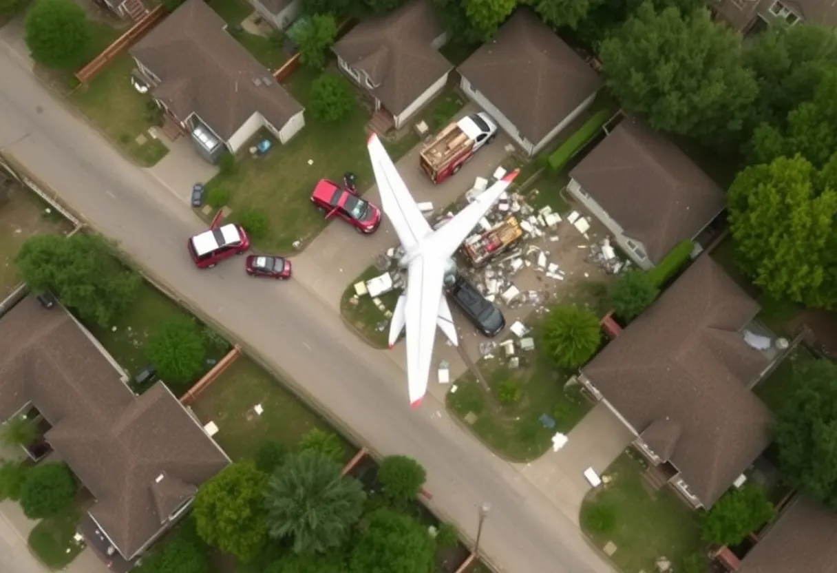 Aerial view showing the site of the plane crash in a suburban neighborhood.