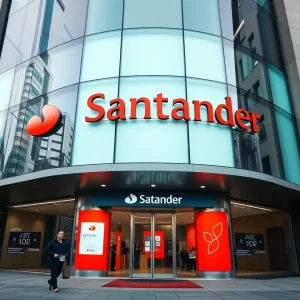 Exterior view of a Santander Bank branch promoting digital banking.