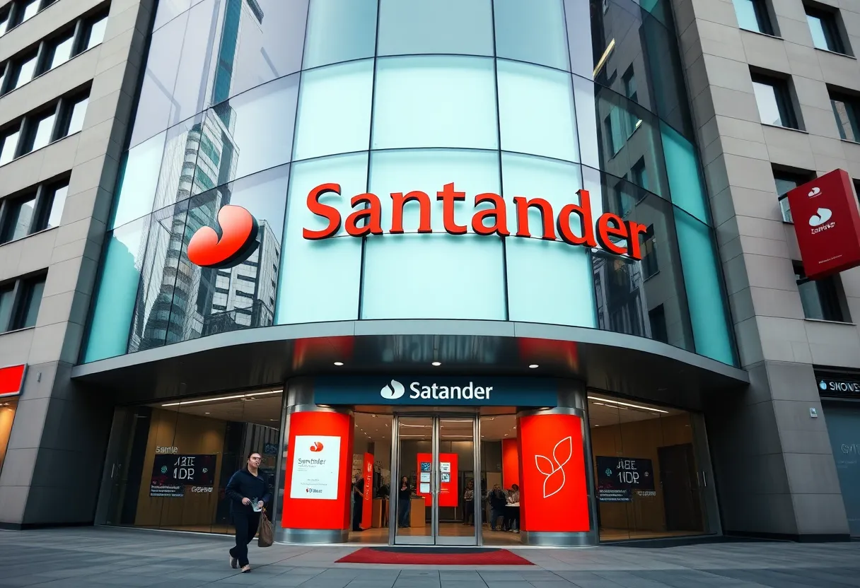 Exterior view of a Santander Bank branch promoting digital banking.