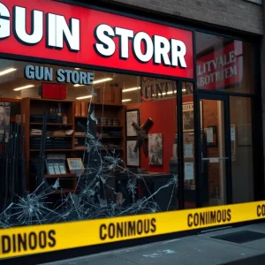 Police investigation at a gun store with broken entrance
