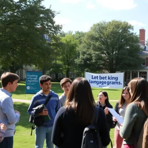 Students discussing educational programs on a college campus