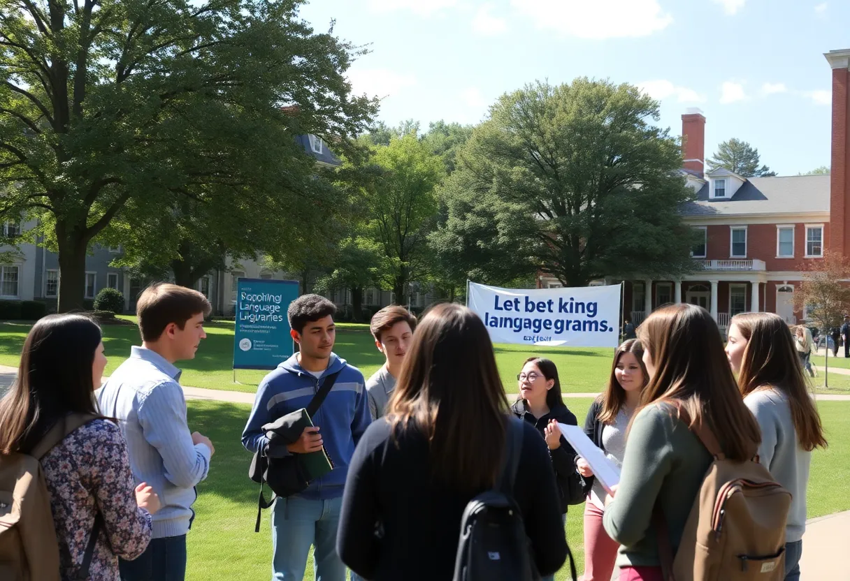 Students discussing educational programs on a college campus