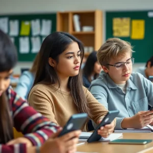 Classroom with students focused on learning without cell phones