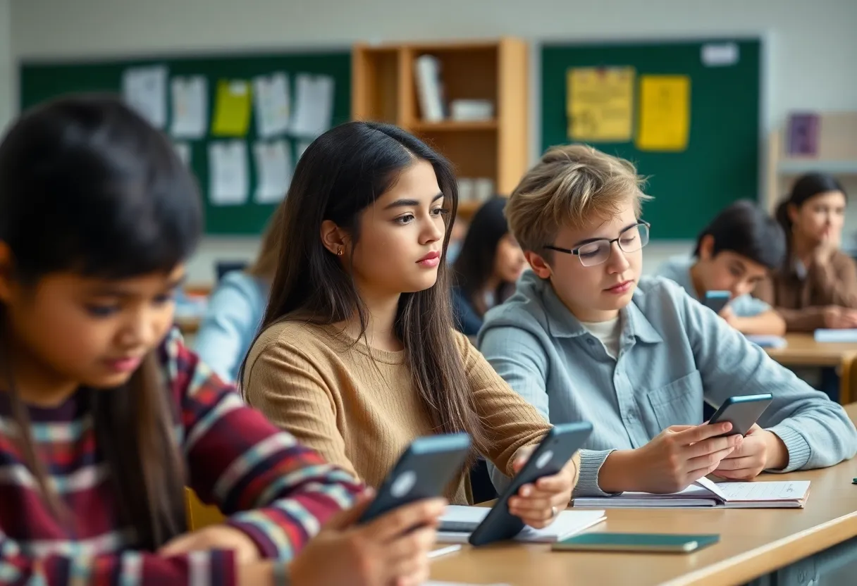 Classroom with students focused on learning without cell phones
