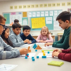 Students participating in math activities in a classroom.