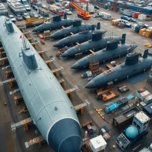 Shipyard scene in Rhode Island with submarines being constructed