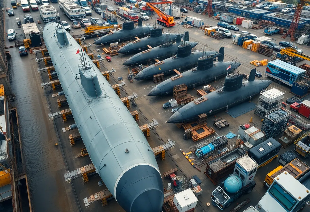 Shipyard scene in Rhode Island with submarines being constructed