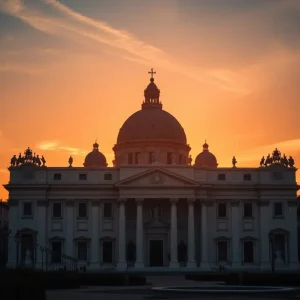 A beautiful sunrise illuminating Saint Peter's Basilica in Vatican City.