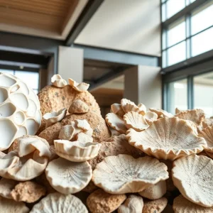 Innovative building materials created from seafood waste in various architectural applications.