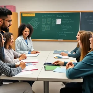 A diverse group of teachers collaborating in a classroom setting