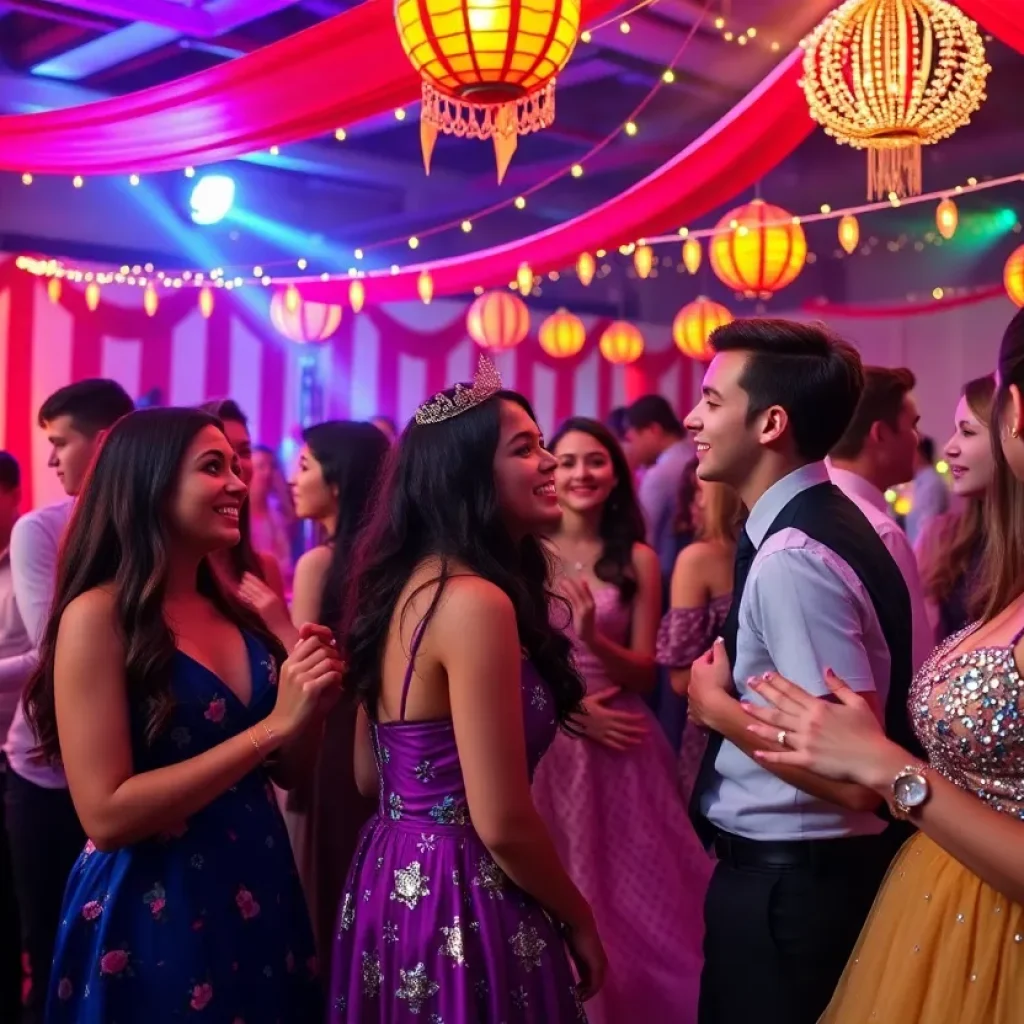 Teens celebrating at a prom event with decorations and cheerful ambiance.