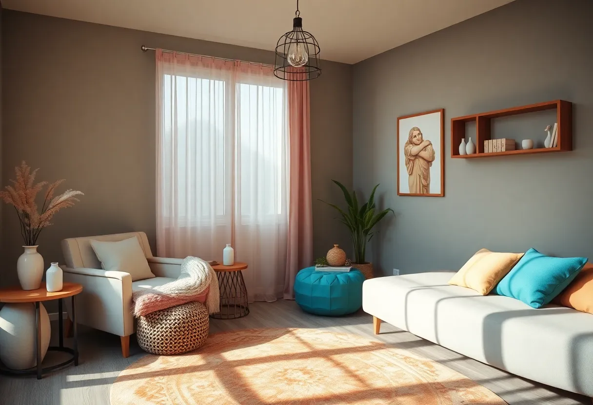 Comfortable therapy room designed for mental health support