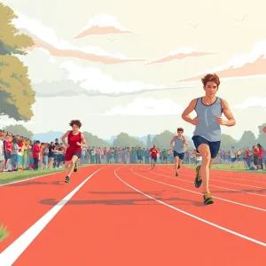 Scene of a track meet with athletes and spectators