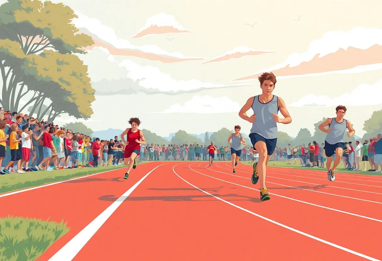 Scene of a track meet with athletes and spectators