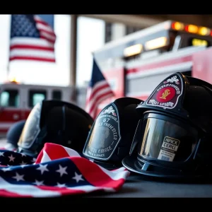 Tribute to a firefighter with American flag and fire helmets