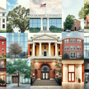 Illustration depicting various university administrative buildings and staff roles.