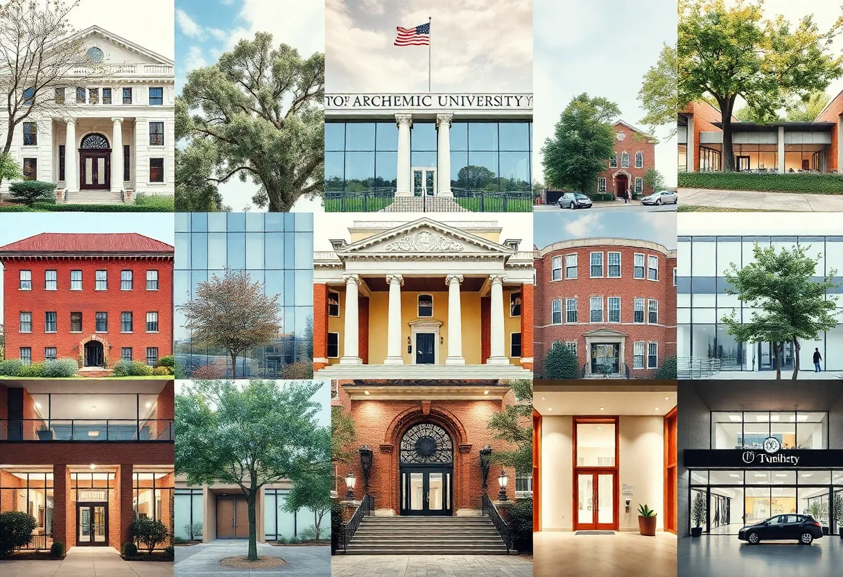 Illustration depicting various university administrative buildings and staff roles.
