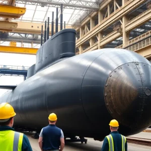 Construction of Virginia-class submarines at a shipyard