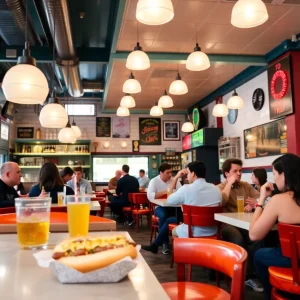 Interior of Wally's Wieners with colorful decor and diners