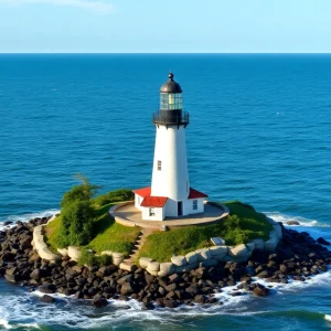Warwick Neck Lighthouse on a sunny day with ocean