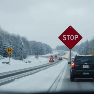 Snow-covered road in Rhode Island during winter weather advisory