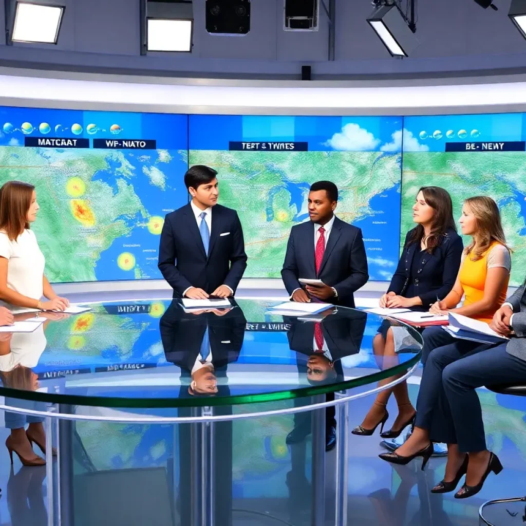 A dynamic newsroom with meteorologists reviewing weather forecasts.