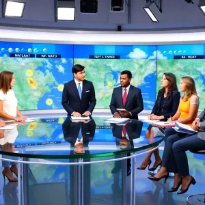 A dynamic newsroom with meteorologists reviewing weather forecasts.