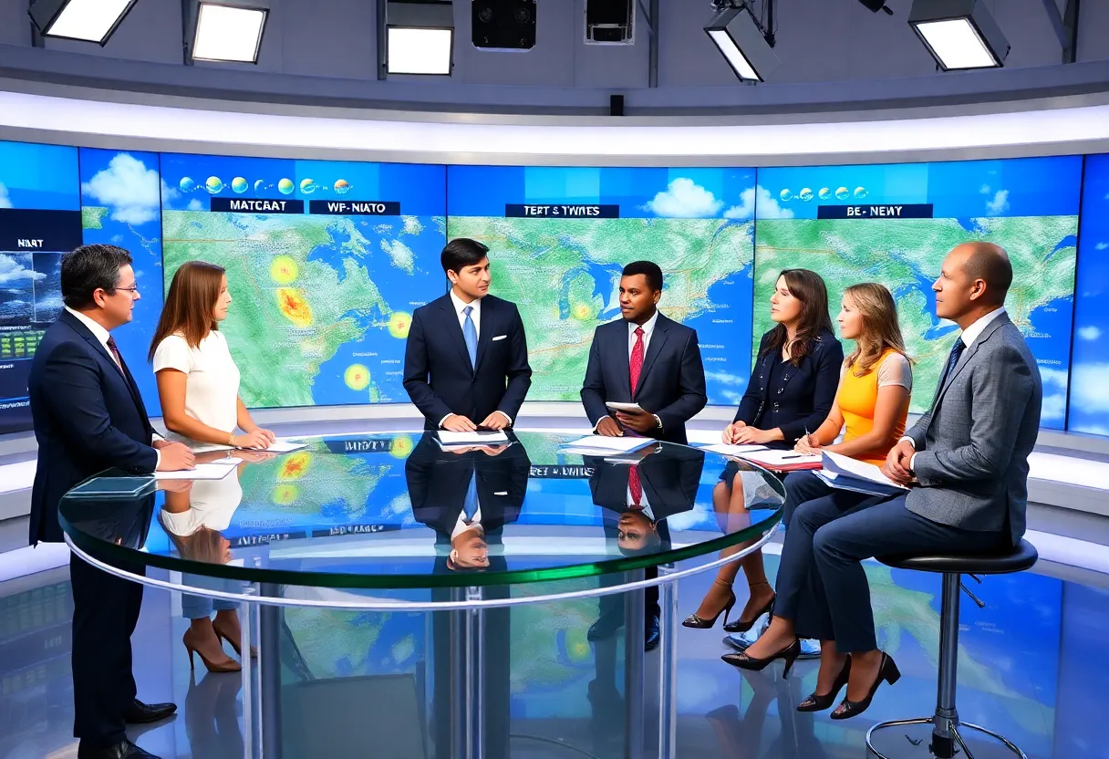 A dynamic newsroom with meteorologists reviewing weather forecasts.