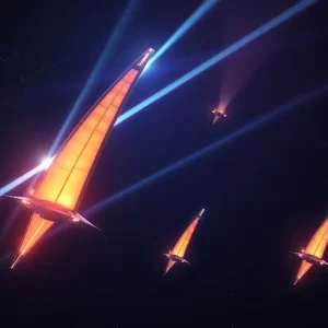 Futuristic lightsails being propelled by laser beams in space