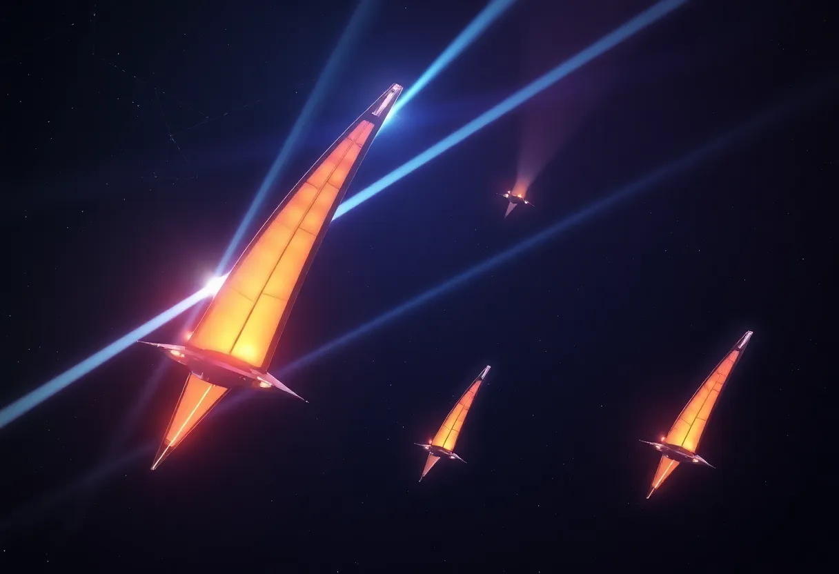 Futuristic lightsails being propelled by laser beams in space