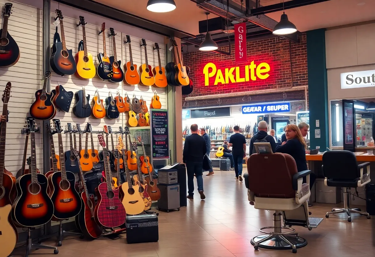New tenants at Airport Plaza featuring a guitar shop and barber shop.
