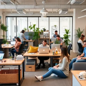 Employees in a vibrant office environment with remote work, daycare, and pet-friendly areas.