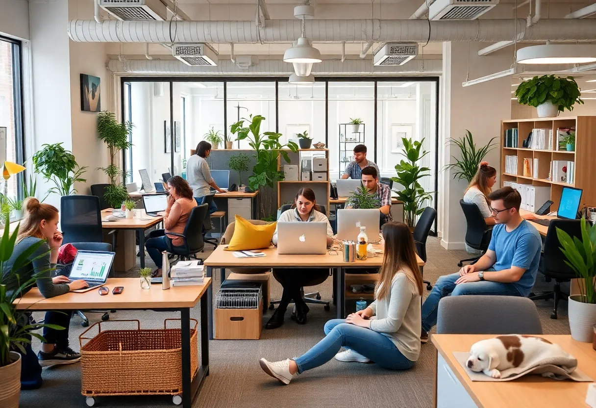 Employees in a vibrant office environment with remote work, daycare, and pet-friendly areas.