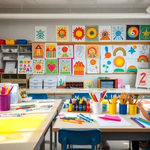 Colorful art classroom environment with student artworks displayed