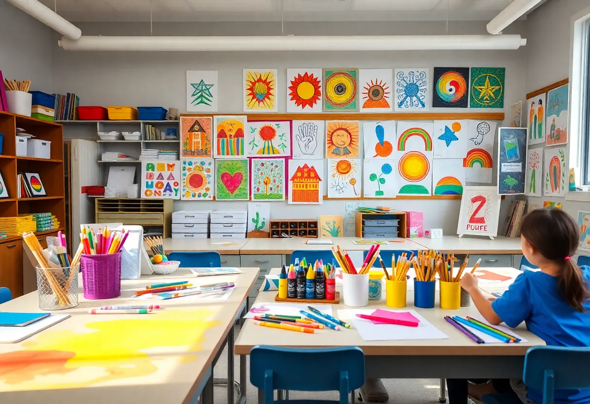 Colorful art classroom environment with student artworks displayed