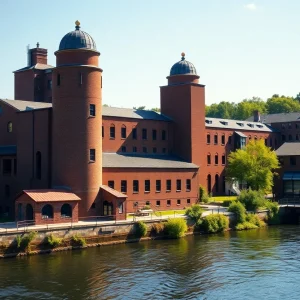 View of the historic Atlantic Delaine Mills complex with architectural features.
