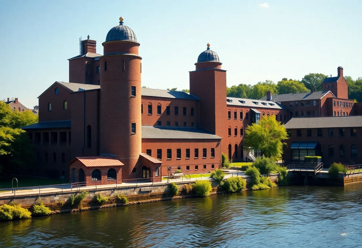 View of the historic Atlantic Delaine Mills complex with architectural features.