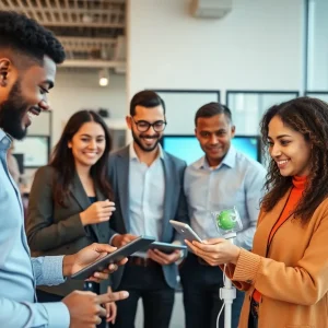 Employees collaborating in an office setting at AVTECH Software