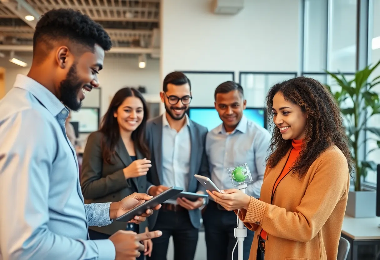 Employees collaborating in an office setting at AVTECH Software
