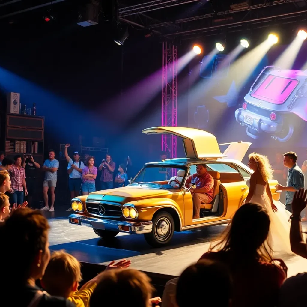 A scene from Back to the Future Musical showcasing the DeLorean time machine