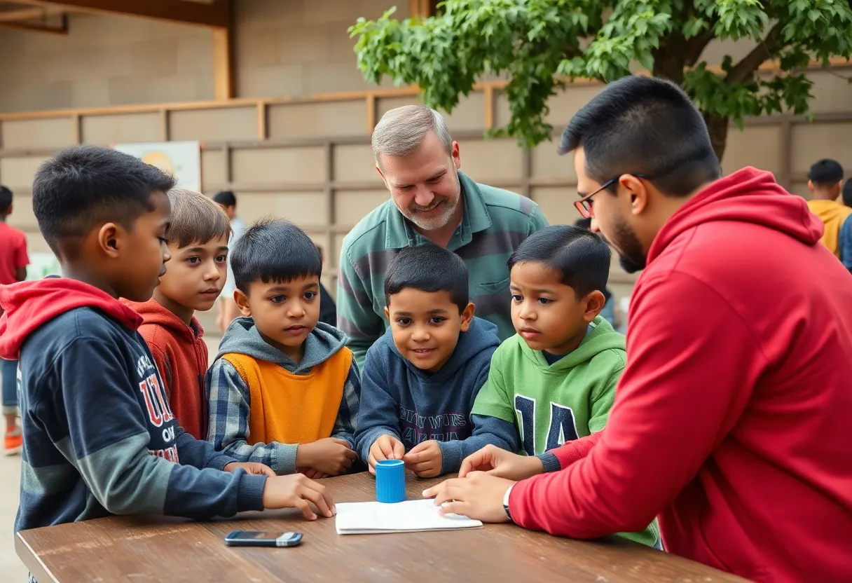 Young boys participating in a mentoring program with their adult mentors.